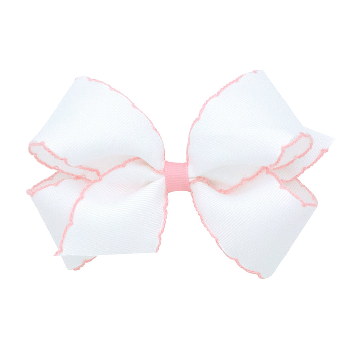 Wee Ones Grosgrain Bow w/ Moonstitch Edge - White w/ Light Pink