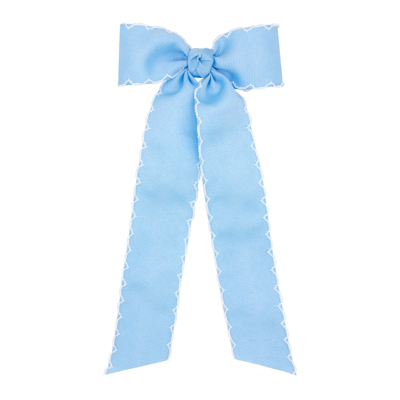 *Pre-Sale* Wee Ones Grosgrain Bowtie w/ Moonstitch Edge and Streamer Tails - Blue w/ White