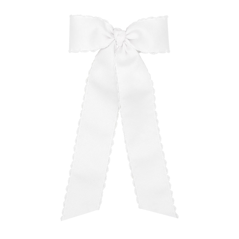 *Pre-Sale* Wee Ones Grosgrain Bowtie w/ Moonstitch Edge and Streamer Tails - White