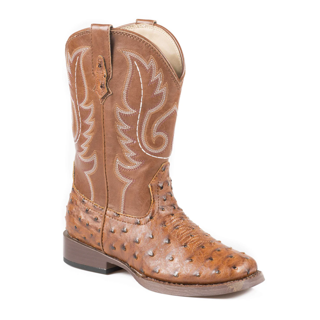 Roper Boys Faux Leather Ostrich Print Western Boots - Tan