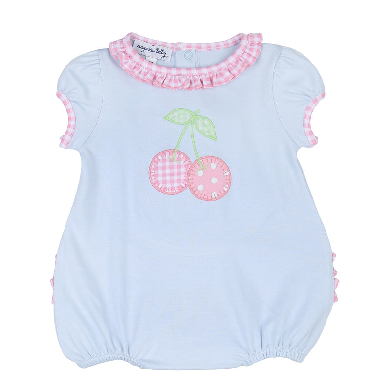 Magnolia Baby Sweet Cherry Appliqué Ruffle Bubble - Blue