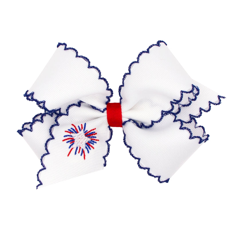 Wee Ones Grosgrain Bow w/ Moonstitch Edge - White w/ Fireworks