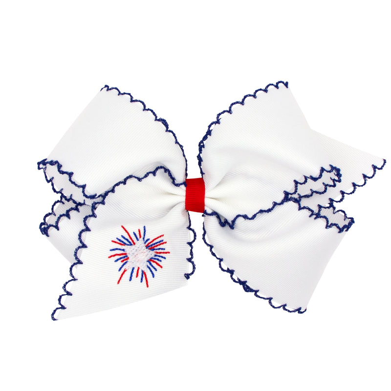 Wee Ones Grosgrain Bow w/ Moonstitch Edge - White w/ Fireworks