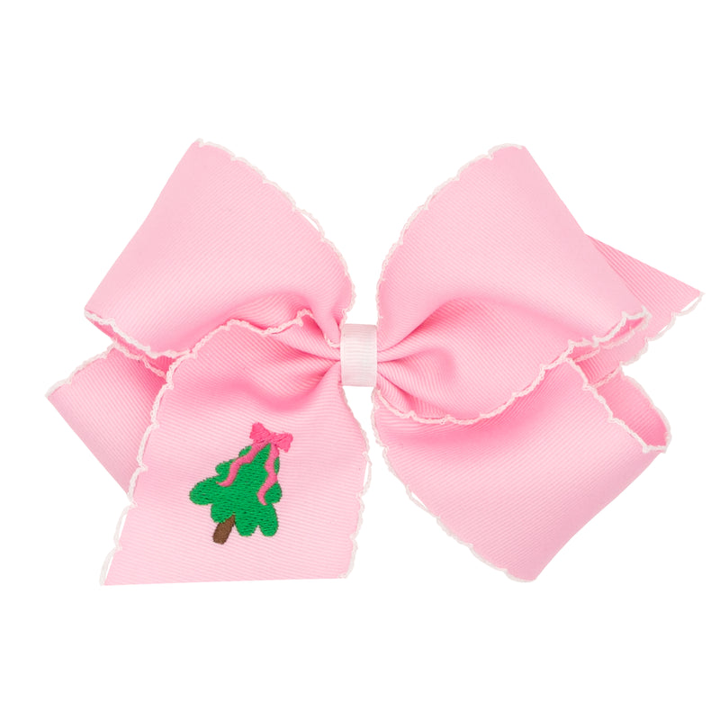 Wee Ones Grosgrain Bow w/ Moonstitch Edge - Pink w/ Christmas Tree