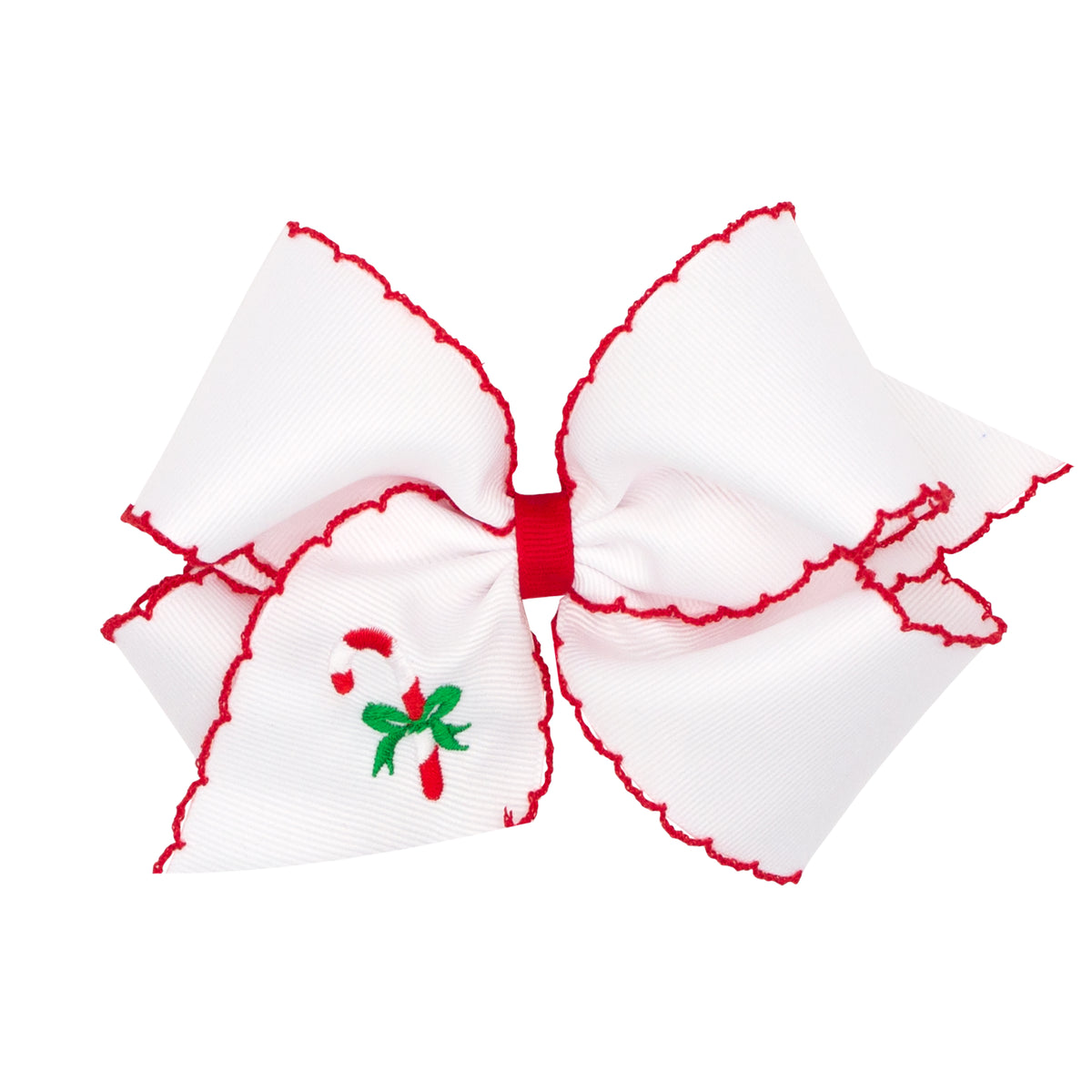 Wee Ones Grosgrain Bow w/ Moonstitch Edge - White w/ Candy Cane