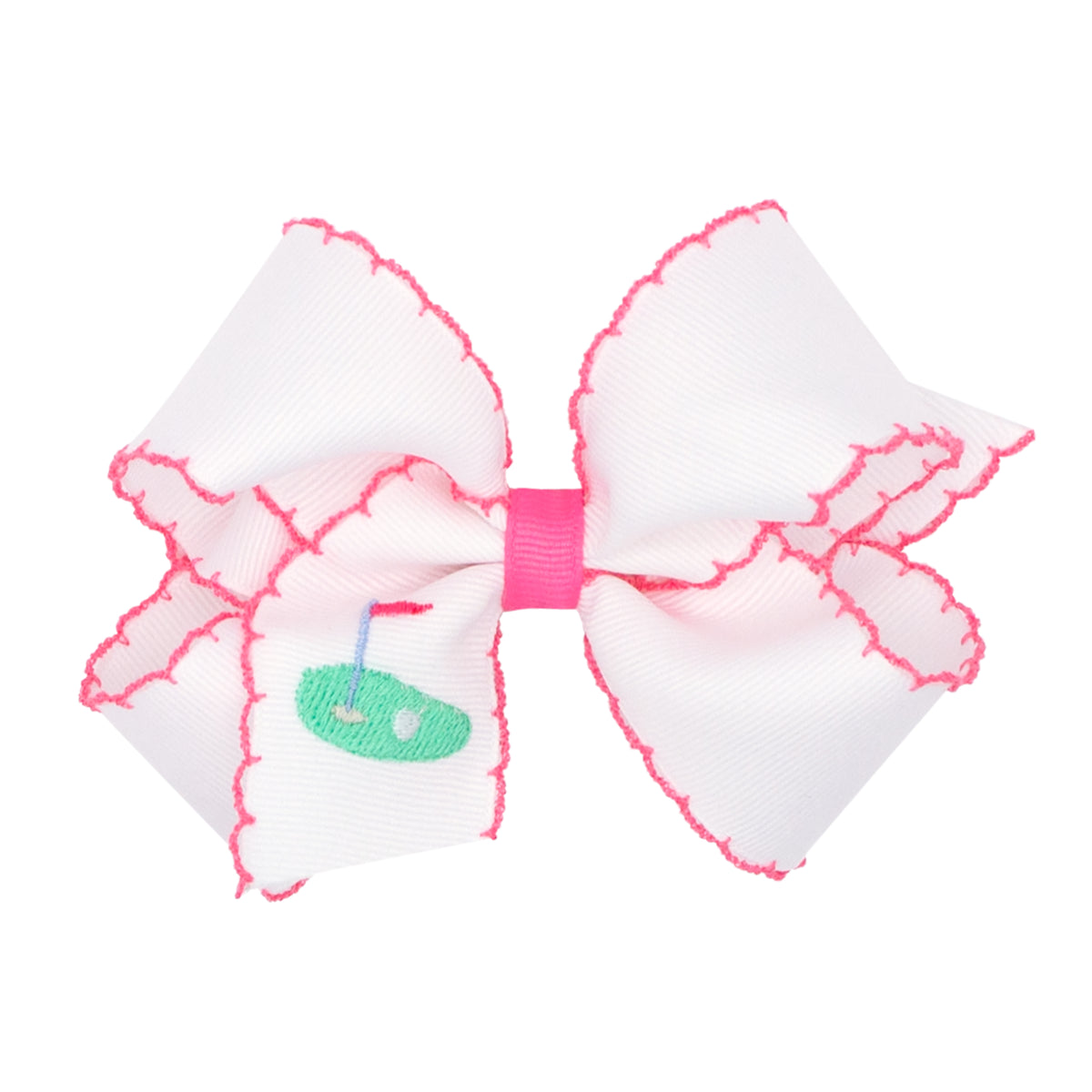 Wee Ones Grosgrain Bow w/ Moonstitch Edge - White w/ Golf Green