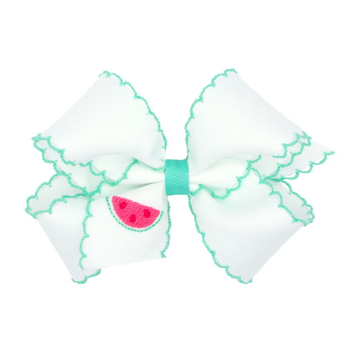 Wee Ones Grosgrain Bow w/ Moonstitch Edge - White w/ Green Watermelon