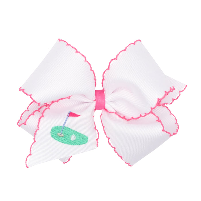 Wee Ones Grosgrain Bow w/ Moonstitch Edge - White w/ Golf Green