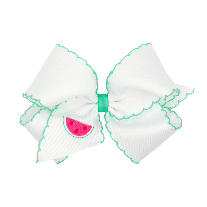 Wee Ones Grosgrain Bow w/ Moonstitch Edge - White w/ Green Watermelon