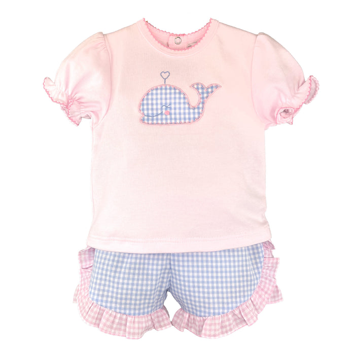 Petit Ami Whale Appliqué Short Set - Pink/Blue