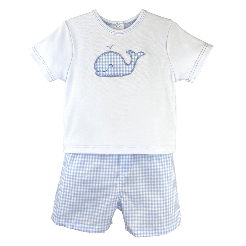 Petit Ami Whale Appliqué Short Set - Blue