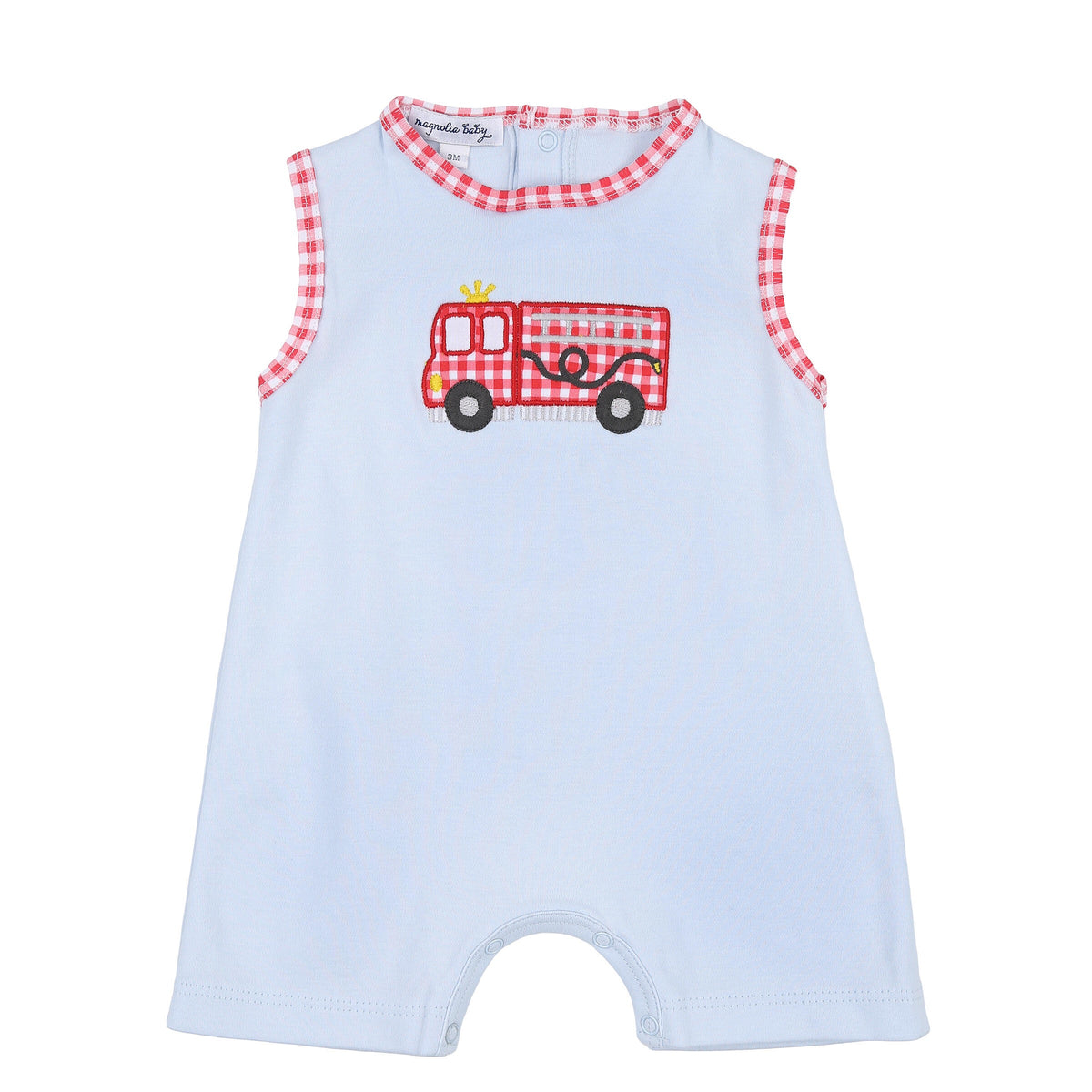 Magnolia Baby Sound the Alarm Appliqué Sleeveless Short Playsuit - Blue