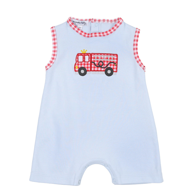 Magnolia Baby Sound the Alarm Appliqué Sleeveless Short Playsuit - Blue