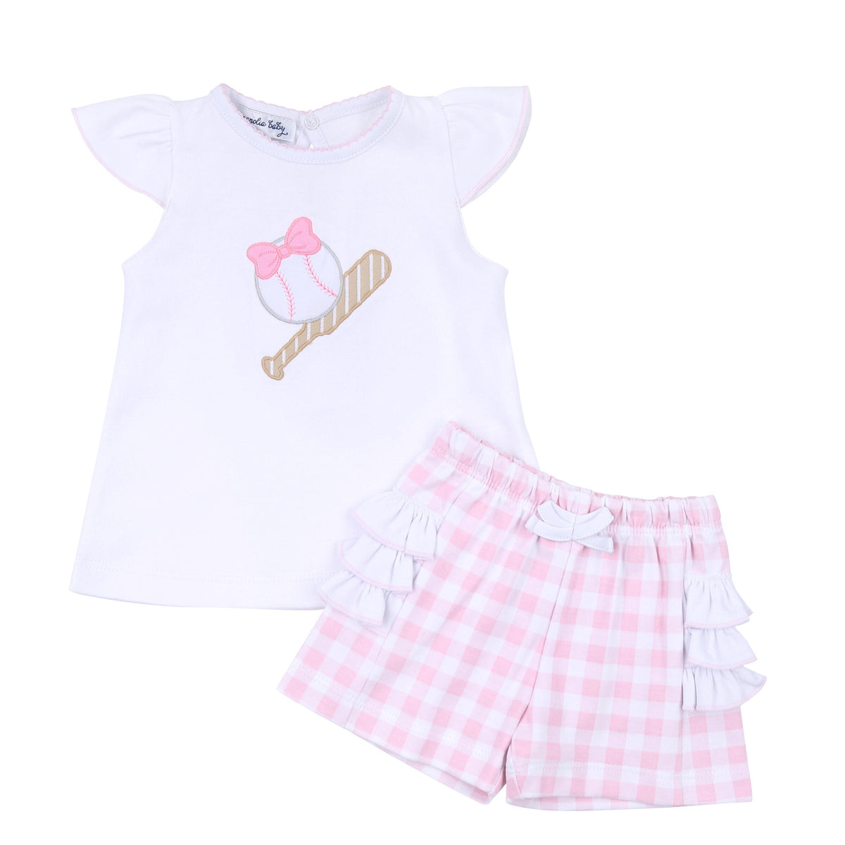 Magnolia Baby Batter Up Appliqué Ruffle Flutters Short Set - Pink