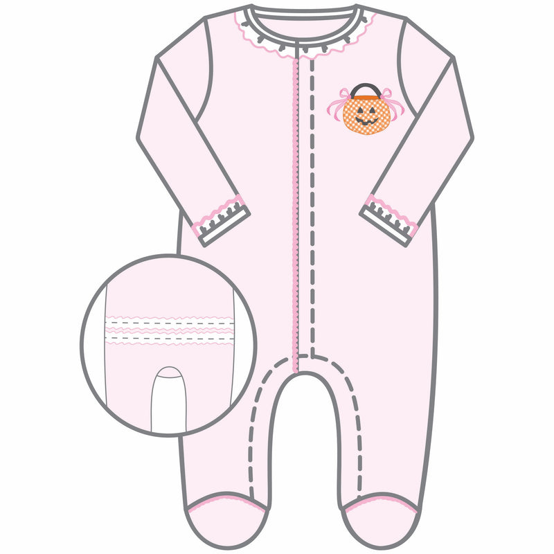 Magnolia Baby Trick or Treat Appliqué Ruffle Footie - Pink