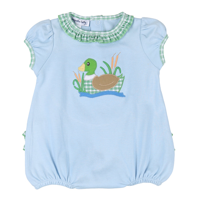 Magnolia Baby Girls Gingham Mallard Appliqué Green Ruffle Bubble