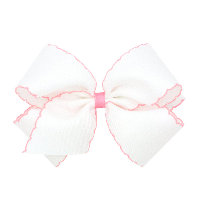 Wee Ones Grosgrain Bow w/ Moonstitch Edge - White w/ Light Pink