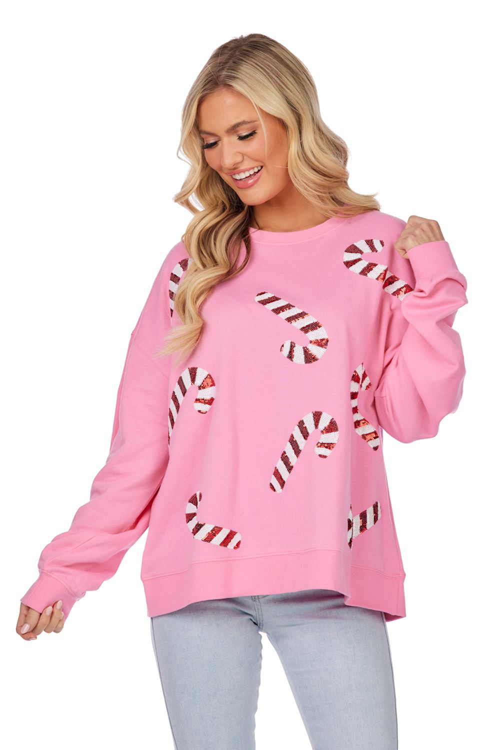 Mud Pie Women’s Candy Cane Sweatshirt - Pink