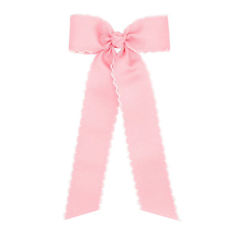 Wee Ones Grosgrain Bowtie w/ Moonstitch Edge and Streamer Tails - Light Pink w/ White