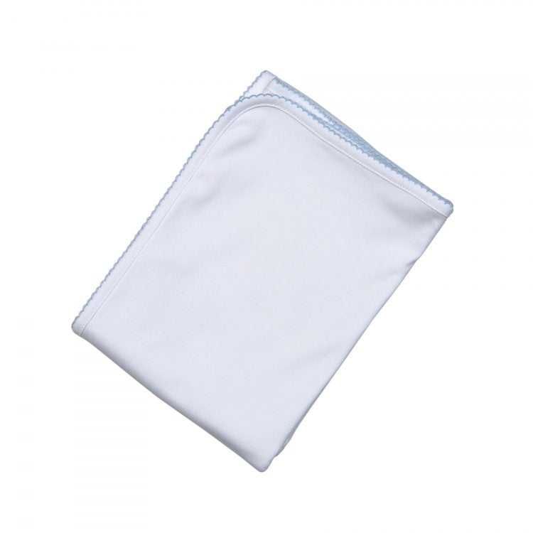 *Pre-Order* Baby Loren Receiving Blanket - White w/ Blue Trim