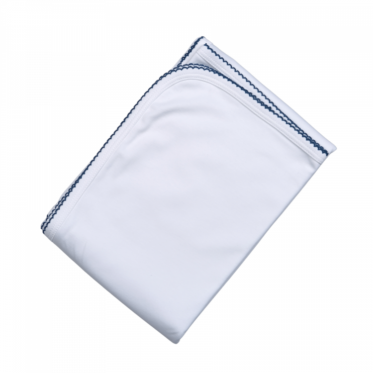 *Pre-Order* Baby Loren Receiving Blanket - White w/ Navy Trim