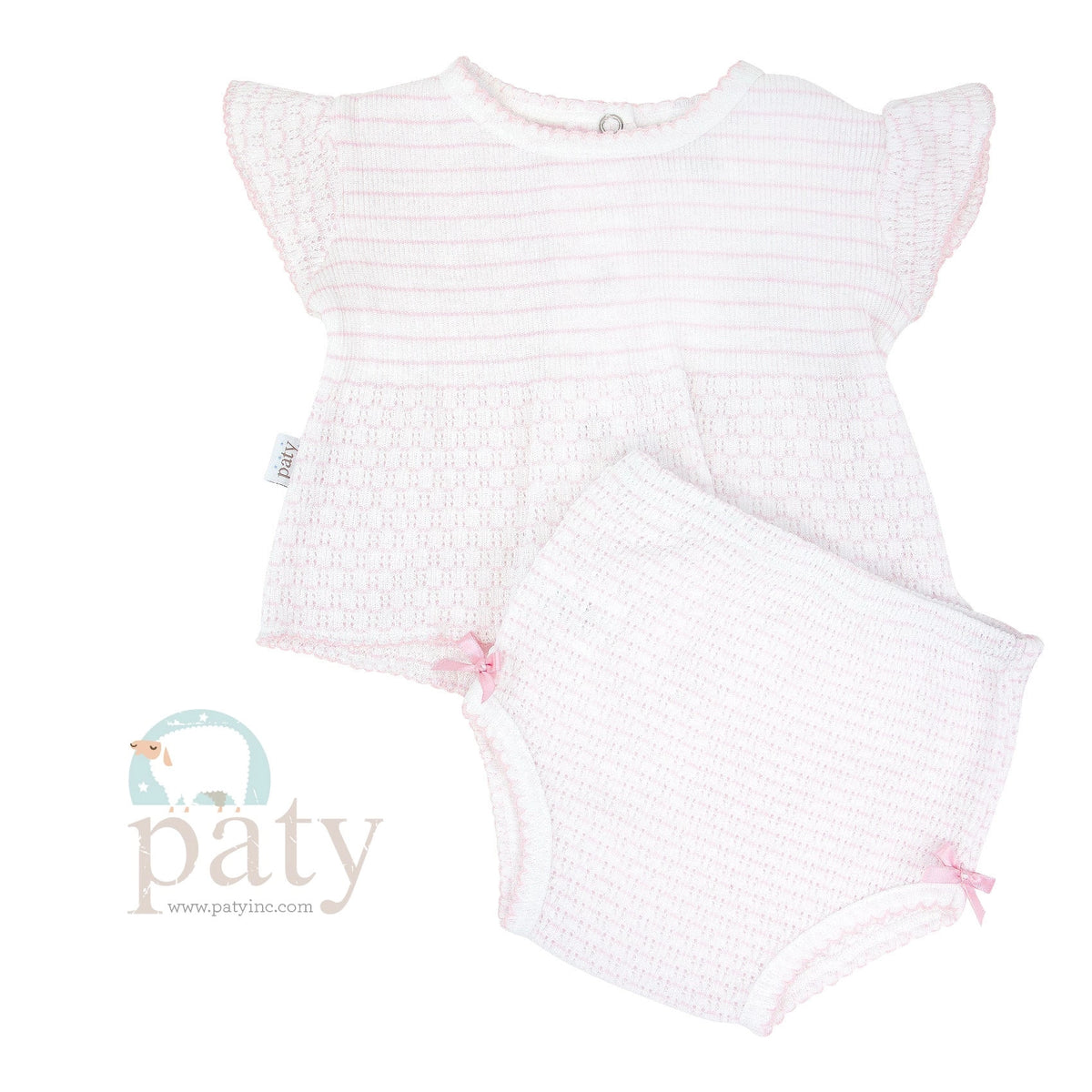 *Pre-Order* Paty, Inc. Knit Ruffle Sleeve Pinstripe Diaper Set - Pink