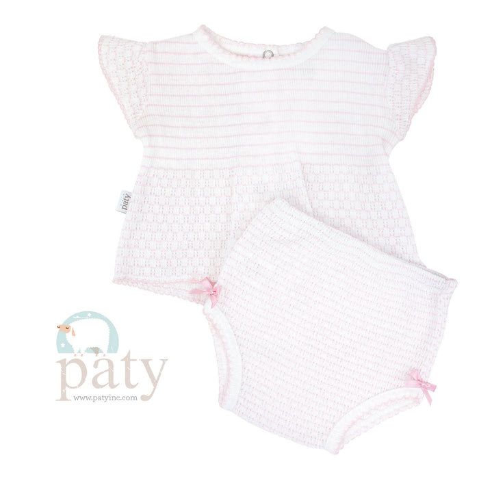 *Pre-Order* Paty, Inc. Knit Ruffle Sleeve Pinstripe Diaper Set - Pink