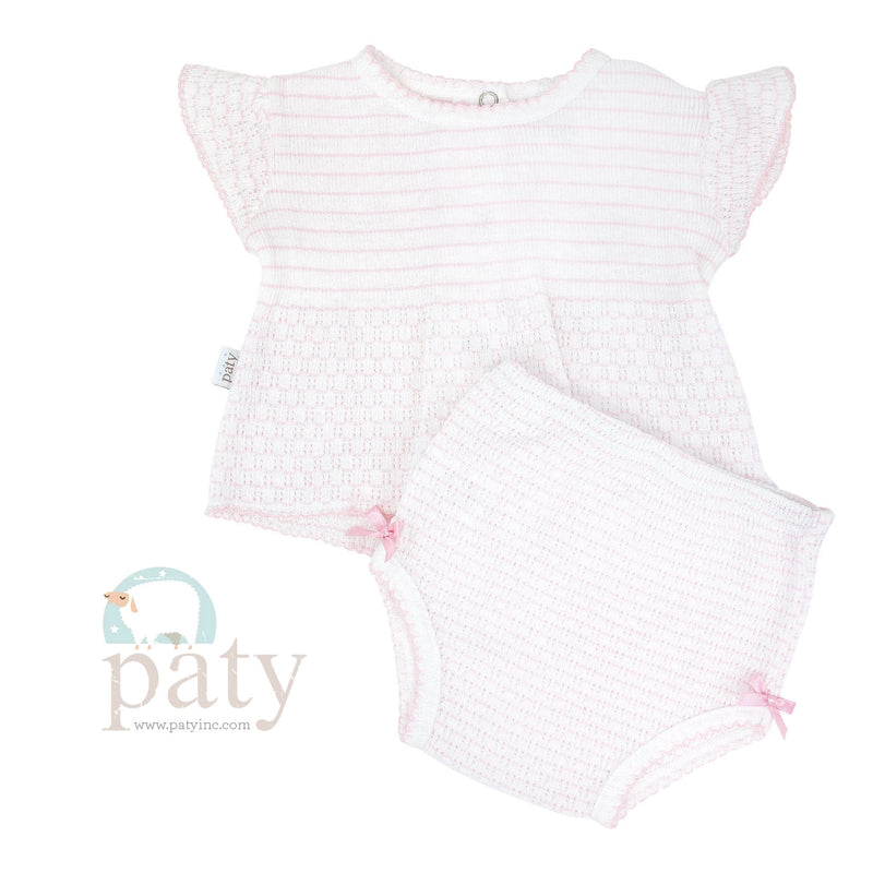 *Pre-Order* Paty, Inc. Knit Ruffle Sleeve Pinstripe Diaper Set - Pink