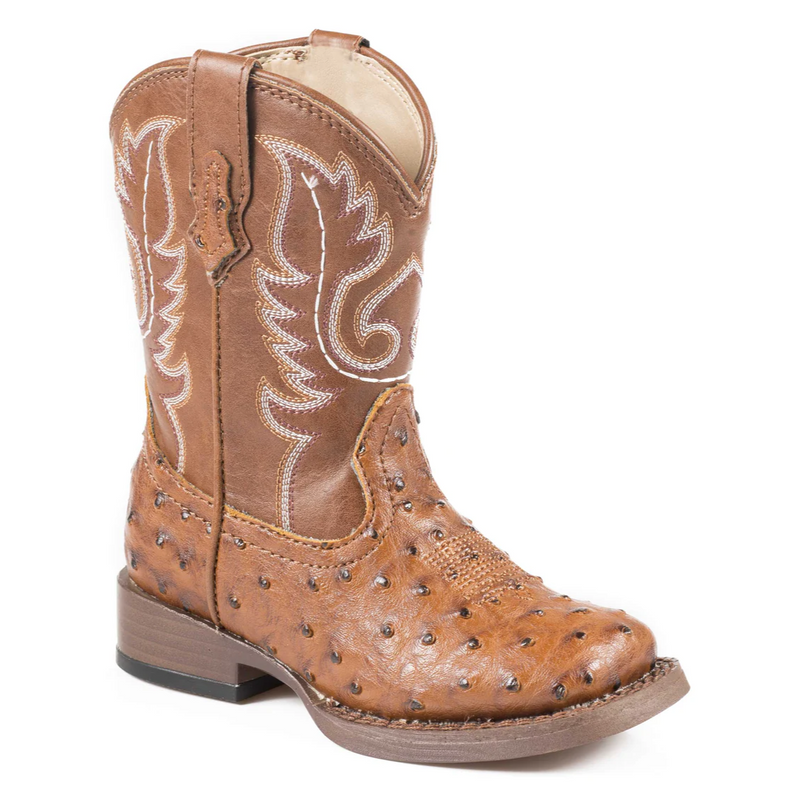 Roper Boys Faux Leather Ostrich Print Western Boots - Tan