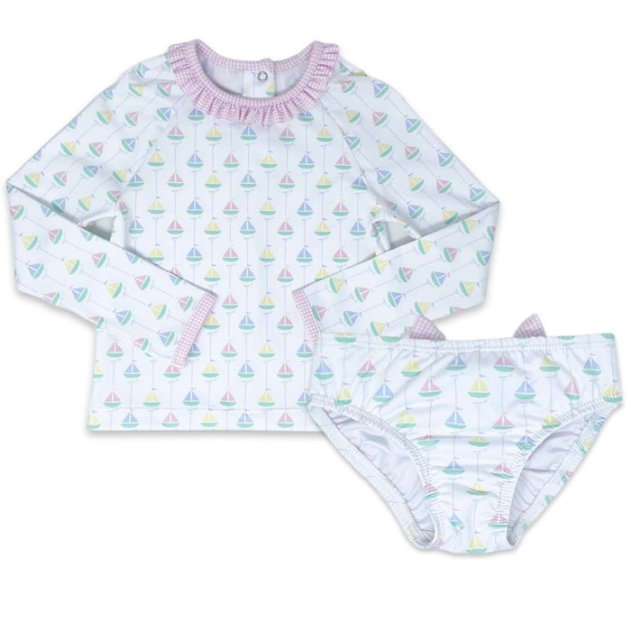 Lullaby Set Girls Rash Guard Set - Seaside Sailboat