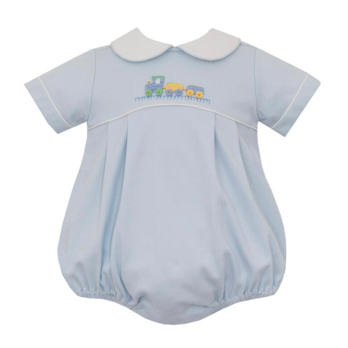 Petit Bebe Train Embroidered Bubble - Blue