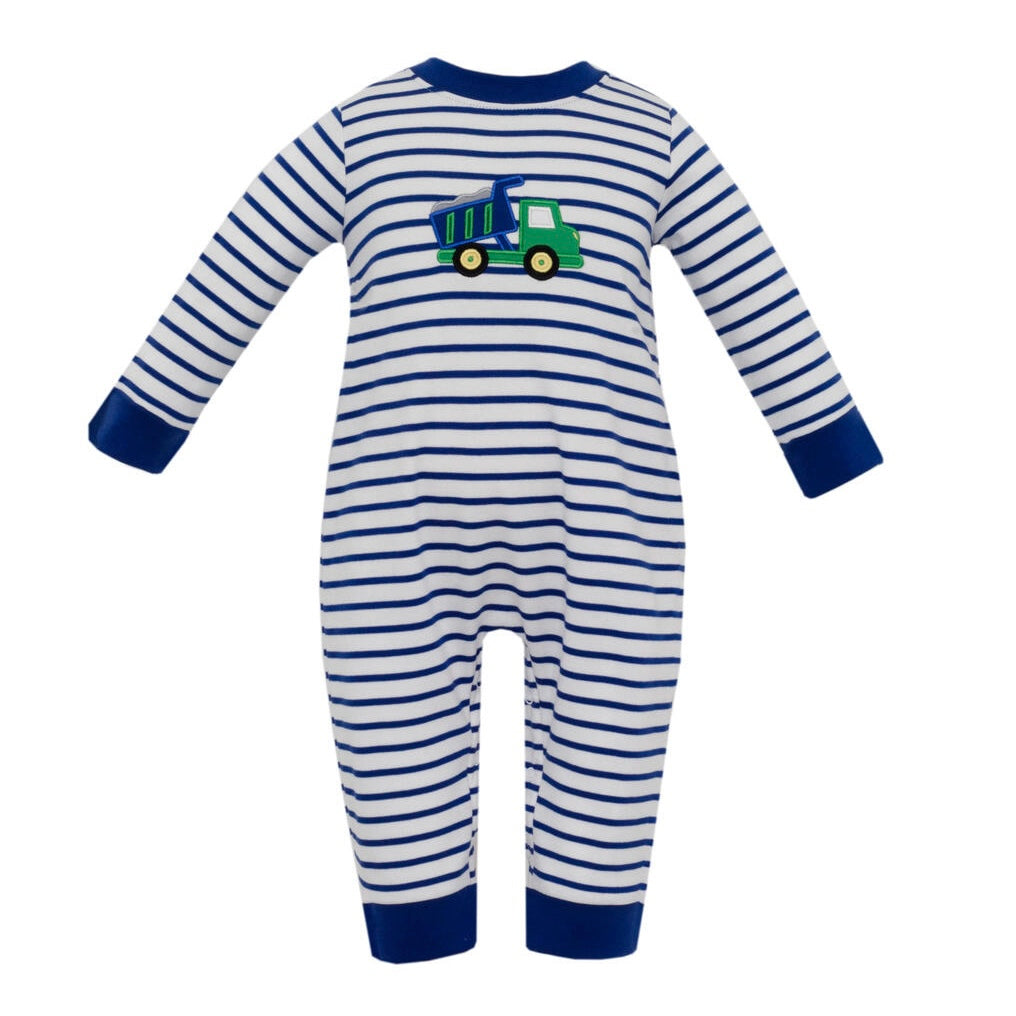 Claire & Charlie Dump Truck Romper- Royal Blue