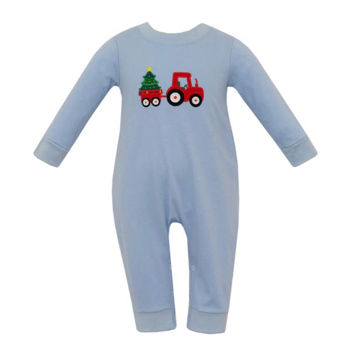 Claire & Charlie Tractor & Christmas Tree Romper - Blue