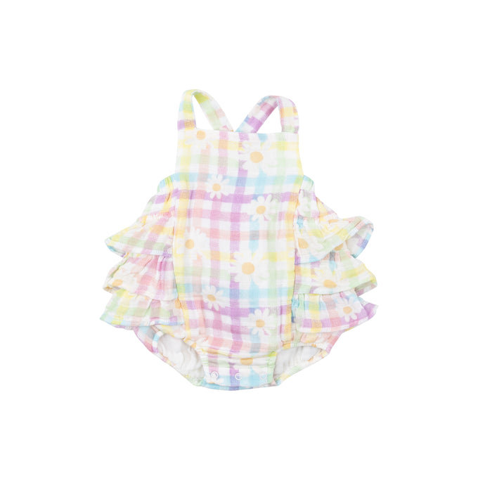 Angel Dear Gingham Daisy Ruffle Sunsuit