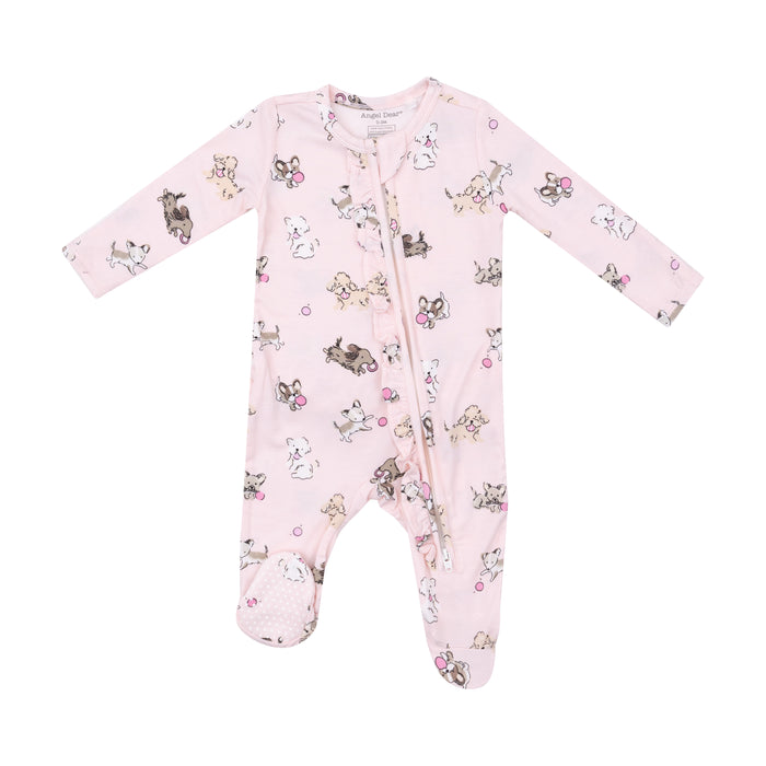 Angel Dear Fluffy Puppies Ruffle Zipper Footie - Pink