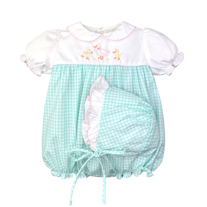 Petit Ami Girls Embroidered Duck Bubble - Mint