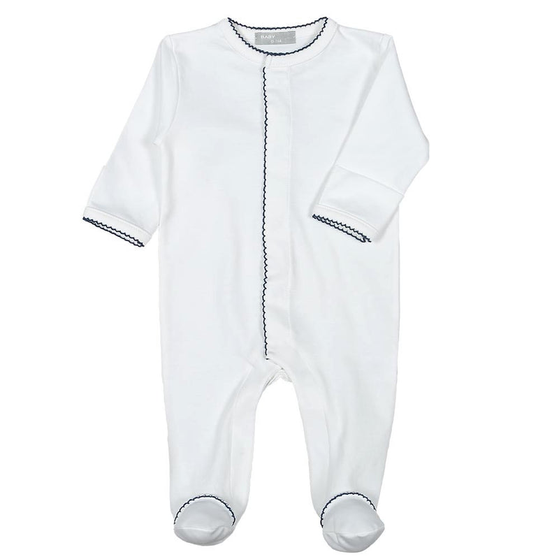 Baby Loren Pima Footie - White w/ Navy Trim