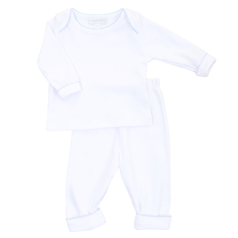 Magnolia Baby Two Piece Loungewear - White w/ Blue Trim