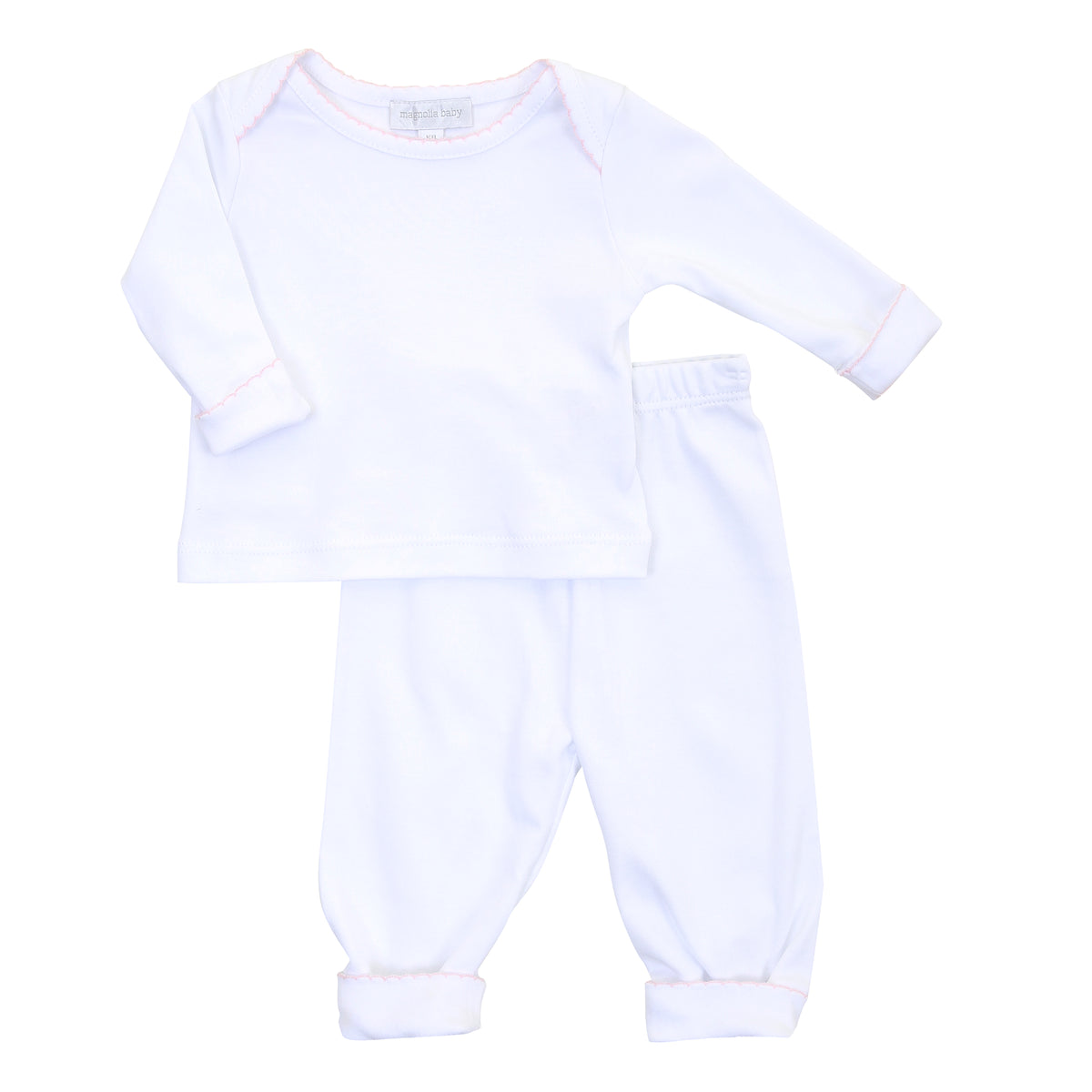 Magnolia Baby Two Piece Loungewear - White w/ Pink Trim