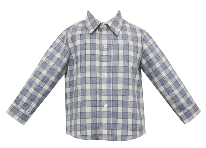 Anavini Boys Plaid Long Sleeve Button Down Shirt - Ivory/Blue