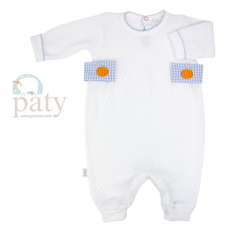 Knit Romper with Gingham Side Tabs & Pumpkin Embroidery