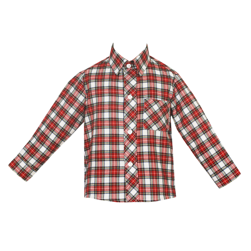 Anavini Boys Plaid Button Down Shirt - Ivory/Red