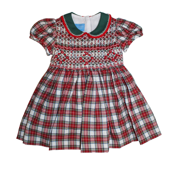 Anavini Smocked Collared Plaid Dress - Ivory/Red