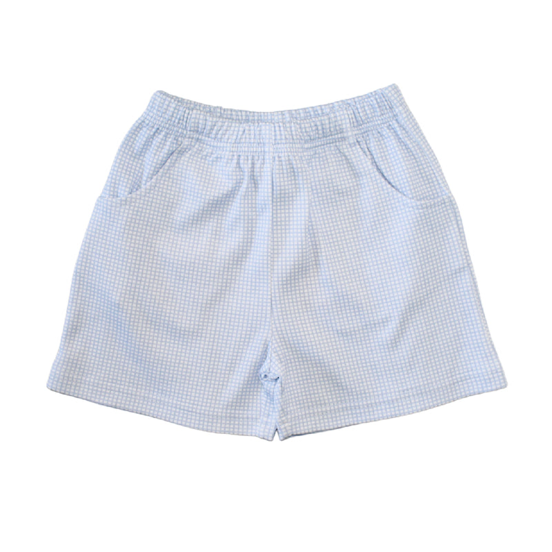 Boys Knit Shorts w/ Pockets - Light Blue Gingham